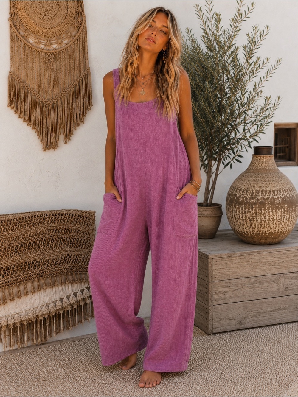 Zenana L Outfitters Pink Ribbed Back-Tie Jumpsuit